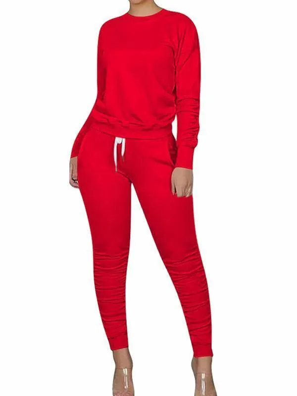 Crew Neck Pullover Ruched Pants Sweat Suits For Women