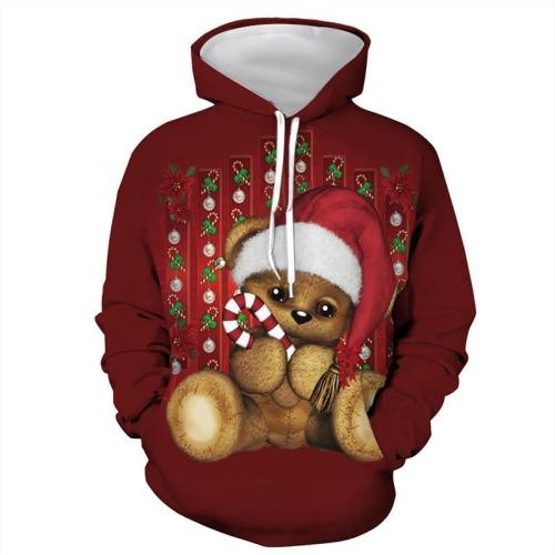 Mens Hoodies 3D Graphic Printed Christmas Bear Red Pullover Hoodie