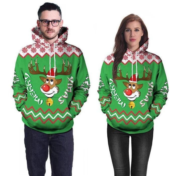 Unisex Fashion Reindeer 3D Print Pullover Hoodie Sweatshirt