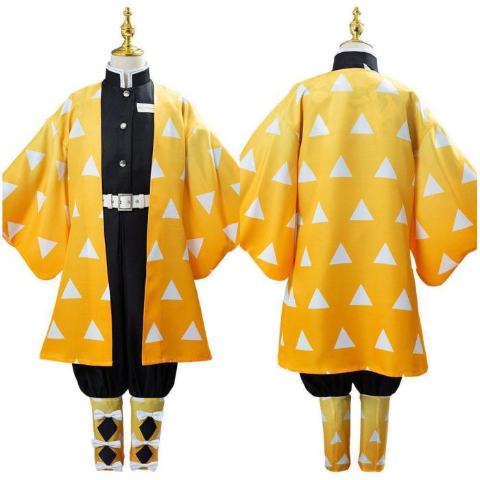 Anime Demon Slayer Kimetsu No Yaiba Agatsuma Zenitsu Uniform Outfit Cosplay Costume For Kids Children
