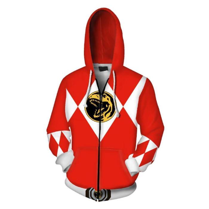 Unisex Red Ranger Hoodies Power Rangers Zip Up 3D Print Jacket Sweatshirt