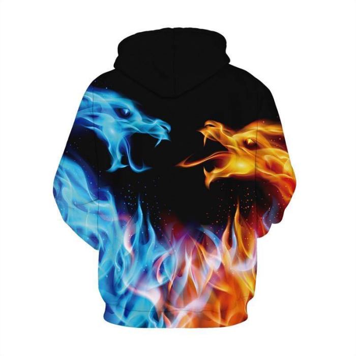 Mens Hoodies 3D Graphic Printed Blue Red Fire Pullover Hoody