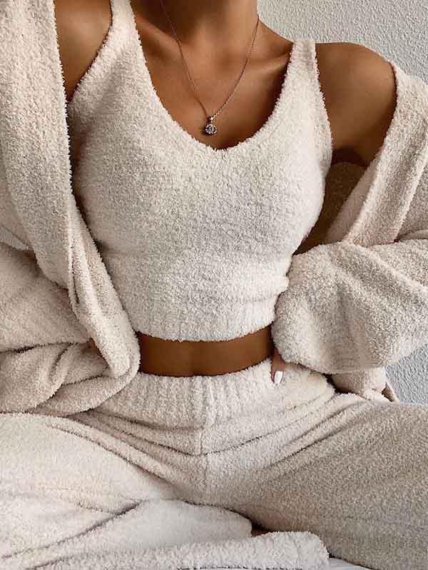 Womens Sexy Fuzzy Crop Top Pants Set Loungewear 3 Piece Outfit