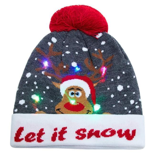Womens Mens Funny Led Light Knitted Christmas Hat Reindeer Pattern Holiday Xmas Beanie