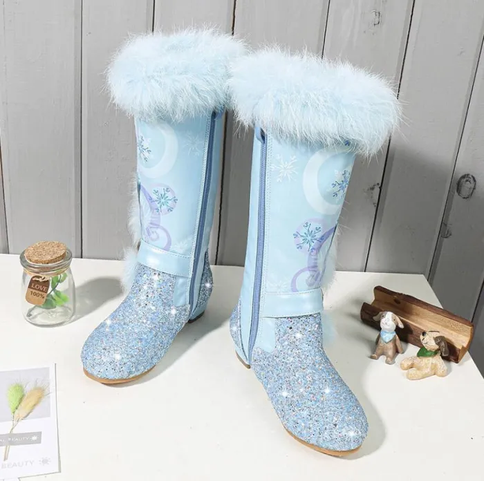 Princess Elsa Kids Girls Winter Pink Blue Wool Leather Boots Shoes