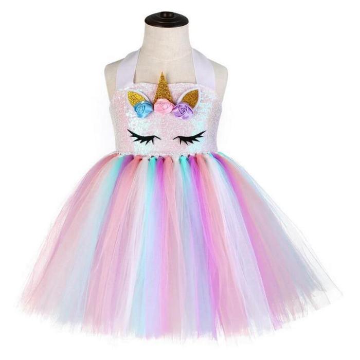 Girls Unicorn Tutu Dress With Gold Headband Wings Princess Halloween Party Dress