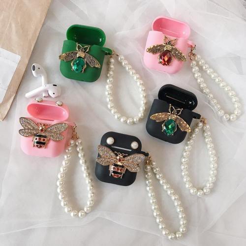 Luxury 3D Diamond Bee Apple Airpods Protective Case Cover With Pearl Bracelet Strap