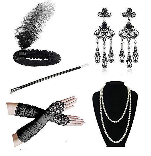 Women'S Vintage Gatsby Feather Headbands Roaring 20S Flapper Costume Accessory Cigarette Holder Pearl Necklace Gloves Set Hair