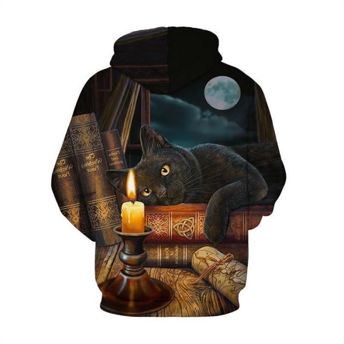 Mens Hoodies 3D Graphic Printed Black Cat Pullover