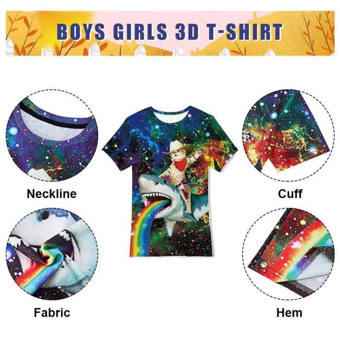 Kids Girls Boys Summer T Shirts Stylish Cat Riding Shark Kids Tee