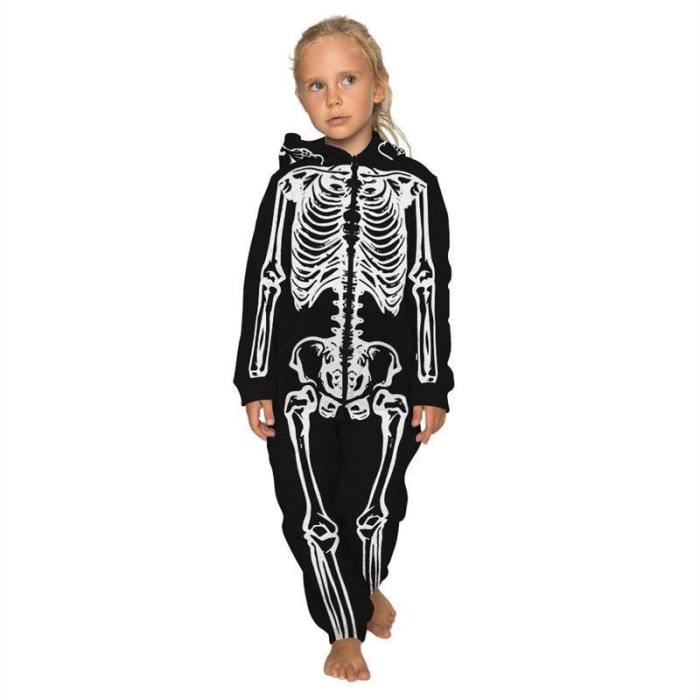 Children'S Jumpsuit Halloween Skull Printing Kids Rompers Nightwear Homewear Zipper Clothing
