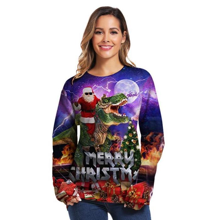 Mens Pullover Sweatshirt 3D Printed Christmas Santa Claus Riding Crocodile Long Sleeve Shirts