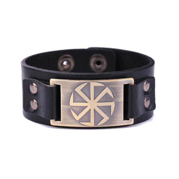 Sun Wheel Talisman Charm Cuff Leather Wrap Bracelet