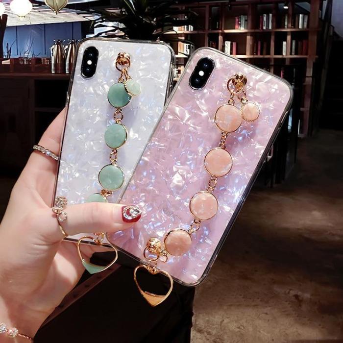 Elegant Shiny Phone Case With Emerald Chain Heart Strap