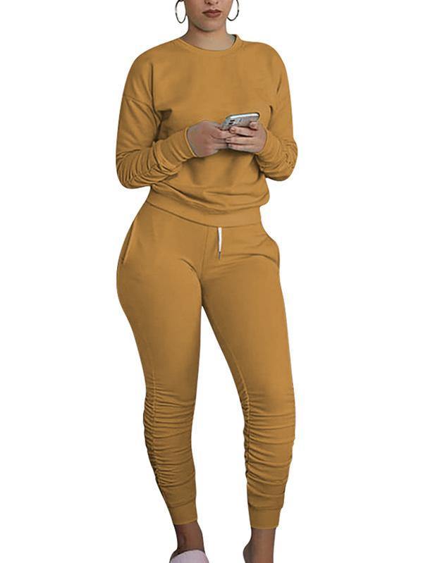 Crew Neck Pullover Ruched Pants Sweat Suits For Women