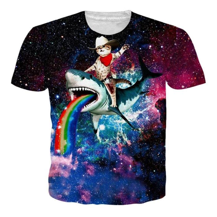 Mens 3D Printing T Shirts Cat Riding Shark Shirt