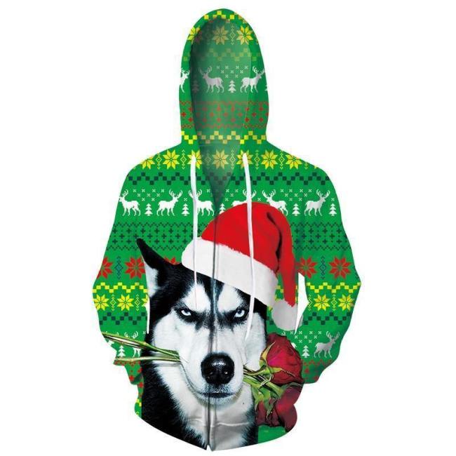 Mens Zip Up Hoodies Christmas Dog 3D Graphic Printing Hoody