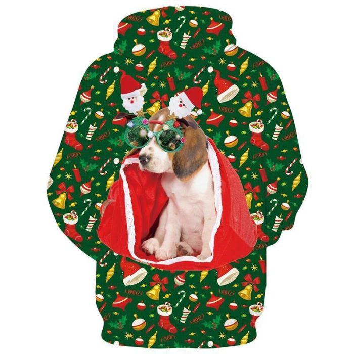 Mens Green Hoodies Christmas Dog 3D Graphic Printing Sweatshirt