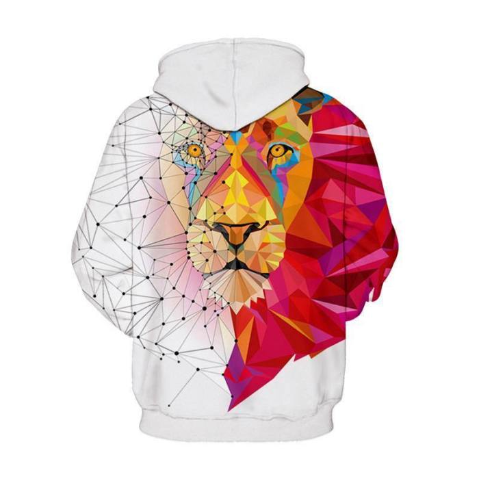 Lion Printed Star Pocket Drawstring Hooded Sweatshirt