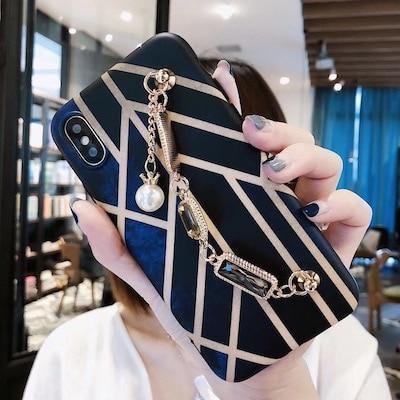 Chic Geometry Pattern Phone Case With Pearl Bracelet Chain Strap