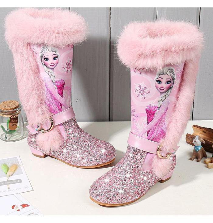 4-13 Years Old Children  Winter Botas Warm Long Boots Girls Low Heel Sequins Snow Boots Frozen Boots 2#11/03E50