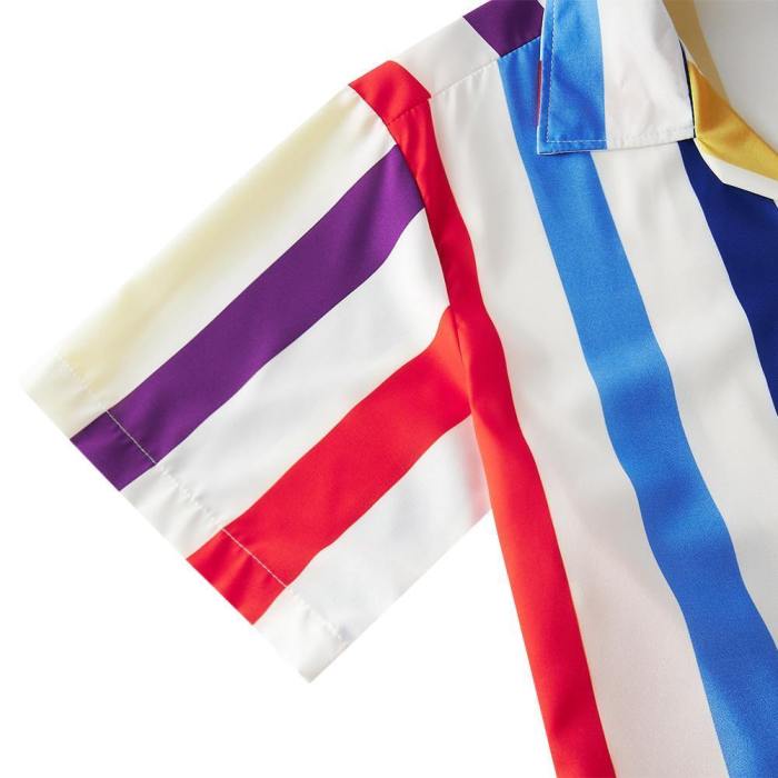 Men'S Hawaiian Shirt Red White Blue Stripes Printing