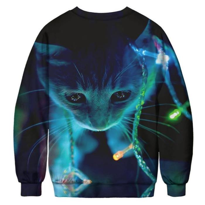Mens Pullover Sweatshirt 3D Printed Christmas Adorable Cat Long Sleeve Shirts
