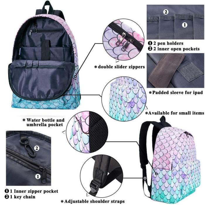 Bookbags For Girls Mermaid Fish Scale Printed School Backpack