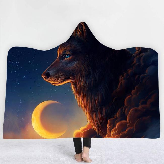 Midnight Moon Wolf Hooded Blanket