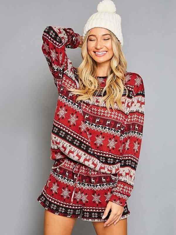 Womens Christmas Pajamas Set Crop Top Snowflake Loungewear