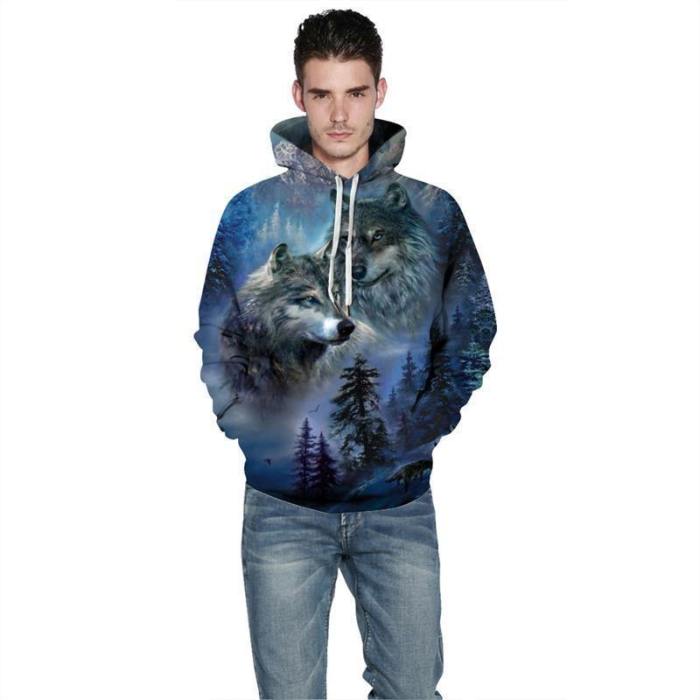 Mens Hoodies 3D Graphic Printed Two Wolves Pullover