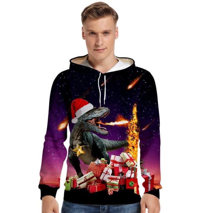 Mens Hoodies 3D Graphic Printed Christmas Starry Sky Dinosaur Pullover Hoodie