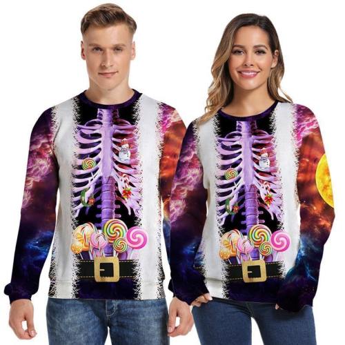 Mens Pullover Sweatshirt 3D Printed Christmas Starry Sky Skeleton Long Sleeve Shirts