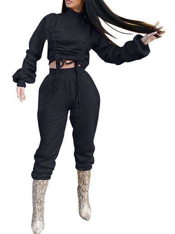 Plus Size Tracksuit Cinched Crop Top And Jogger Pants