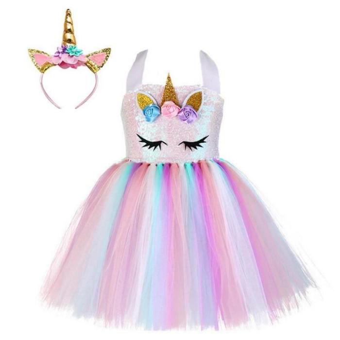 Girls Unicorn Tutu Dress With Gold Headband Wings Princess Halloween Party Dress