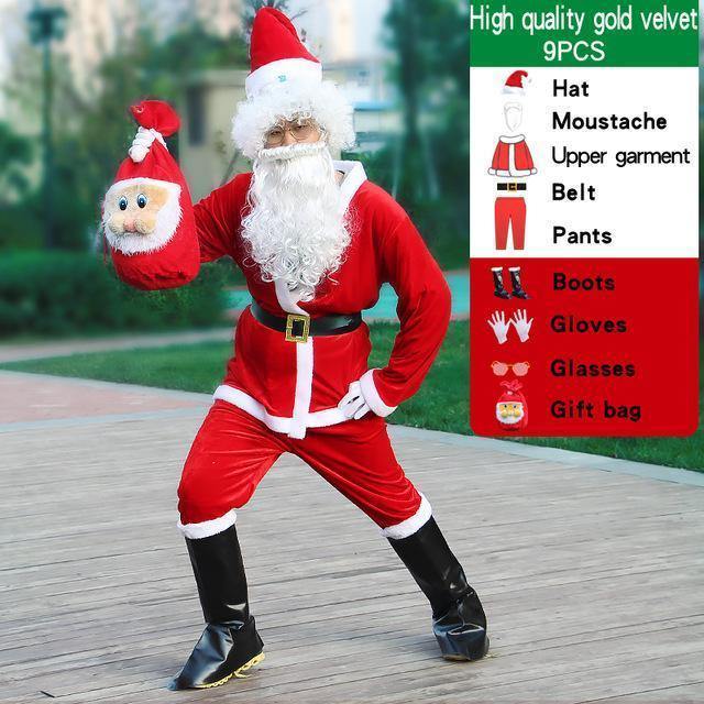 Adult Santa Claus Costume Suit Plush Father Fancy Clothes Xmas Cosplay Props Men Coat Pants Beard Belt Hat Christmas Clothes Set