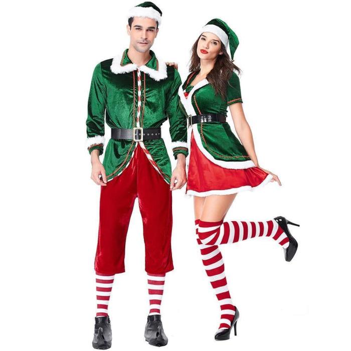 Velvet Lovers Green Spirit Of Christmas Elves Costumes For Woman And Man Christmas Party Cosplay