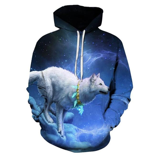 Starry Night Sky White Wolf Hooded Sweatshirt