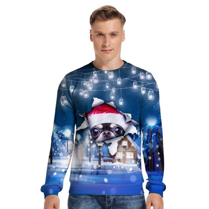 Mens Pullover Sweatshirt 3D Printed Christmas Curious Dog Long Sleeve Shirts