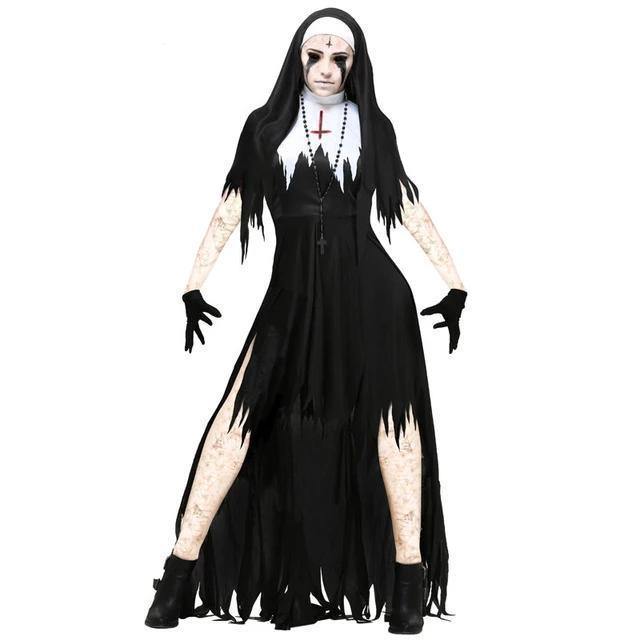 Halloween Nun Cosplay Costume Women Black Vampire Fantasy Dress Terror Sister Party Disguise