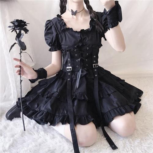 Gothic Japanese Girl Vintage Puff Sleeve Bandage Mini Lolita Dress