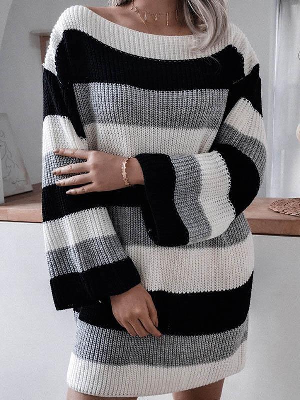 Bell Sleeve Striped Color Block Oversized Sweater Dress