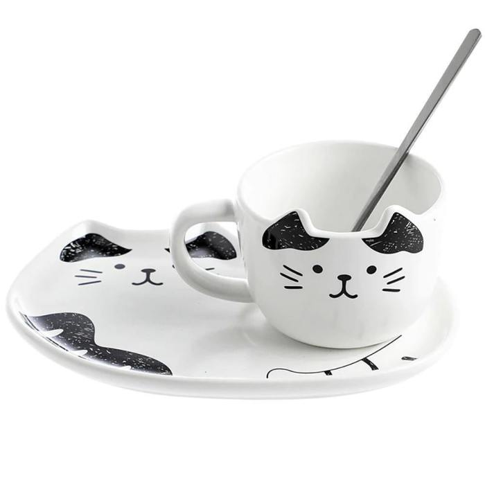 Ceramic Cat Coffee Mug And Cookie Plate Set