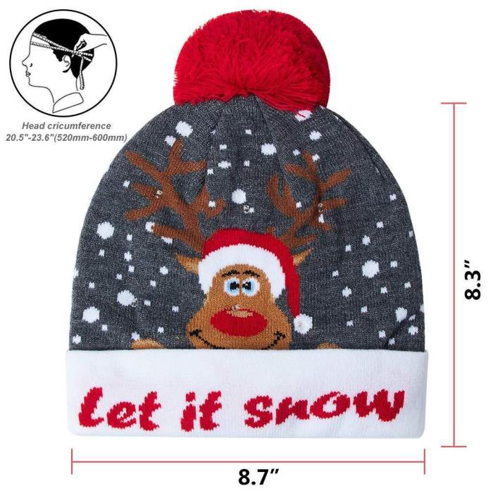 Womens Mens Funny Led Light Knitted Christmas Hat Reindeer Pattern Holiday Xmas Beanie