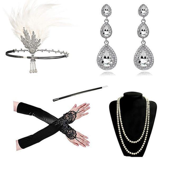 Women'S Vintage Gatsby Feather Headbands Roaring 20S Flapper Costume Accessory Cigarette Holder Pearl Necklace Gloves Set Hair