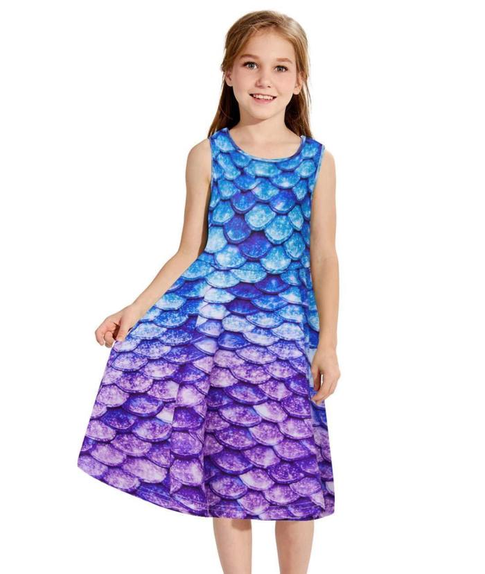 Girls 3D Printing Dress Fish Scale Pattern Sleeveless