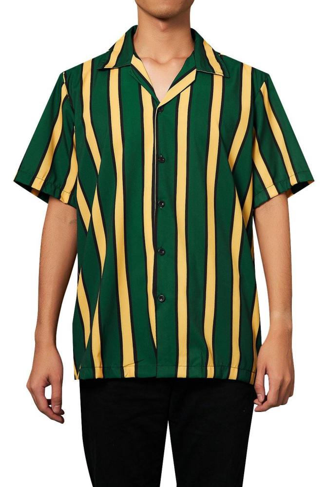 Men'S Hawaiian Shirt Yellow-Green Stripes Printing