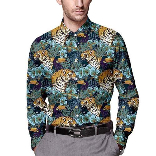 Men'S Floral Tiger Printed Long Sleeve Shirt
