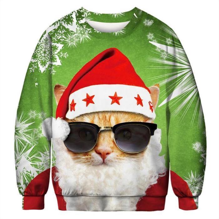 Mens Pullover Sweatshirt 3D Printed Christmas Cool Cat Long Sleeve Green Shirts