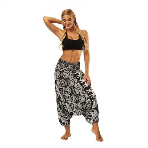 Women Beach Pants Trousers Boho Gypsy Hippie Wide Leg Print Elastic Pants